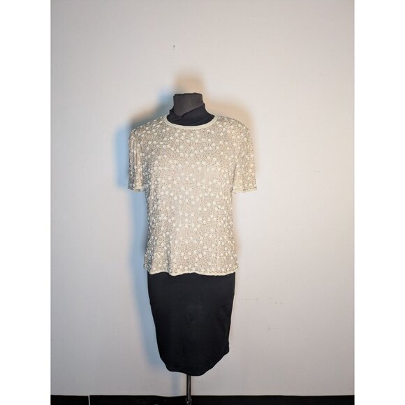 Vintage Tops - Vintage Beaded Short Sleeve Blouse Cream Floral, Size M
